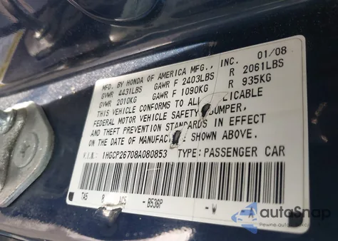 2008 Honda Accord 2.4 Ex from USA, damaged, VIN 1HGCP26708A080853